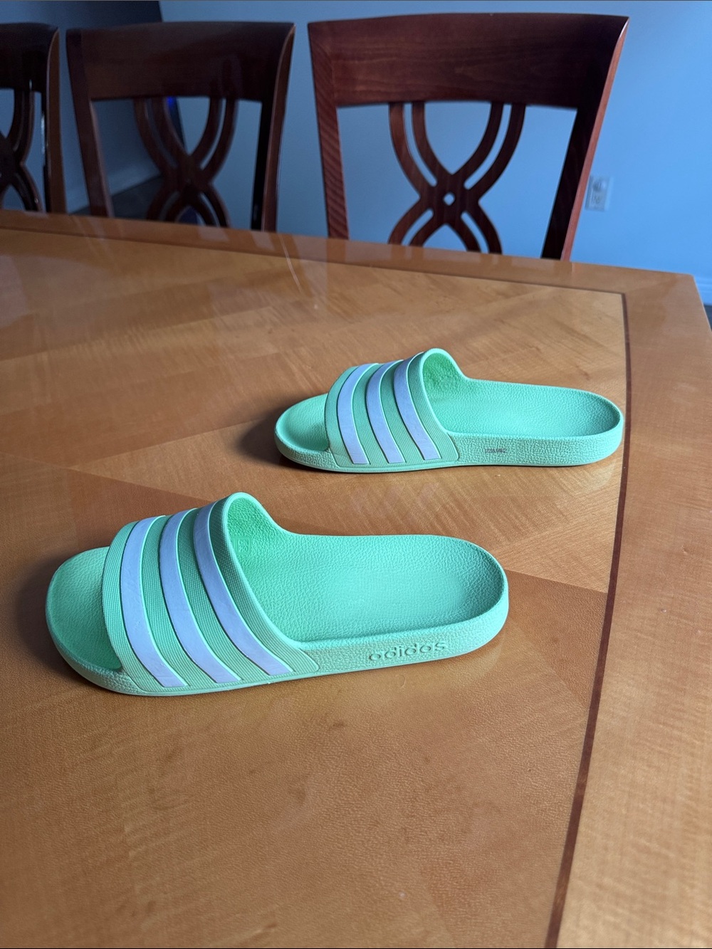 adidas Mint Green Slide Sandals with White Stripes